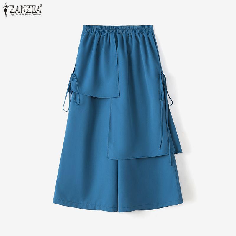 ZANZEA Womens Casual Elastic Waist Loose Layered Wide Leg Cropped Pants