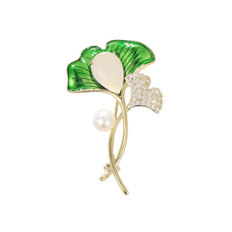 Bo Xin Yun Elegant Zircon Ginkgo Leaf Brooch with Freshwater Pearls and White Jade