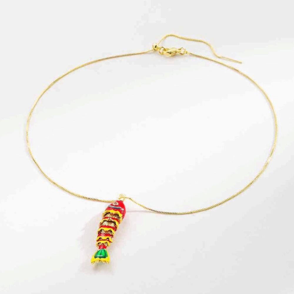 Collier Vitré Mobile Bijoux Dorés Colorés Personnalité Collier Poisson Émail Femme