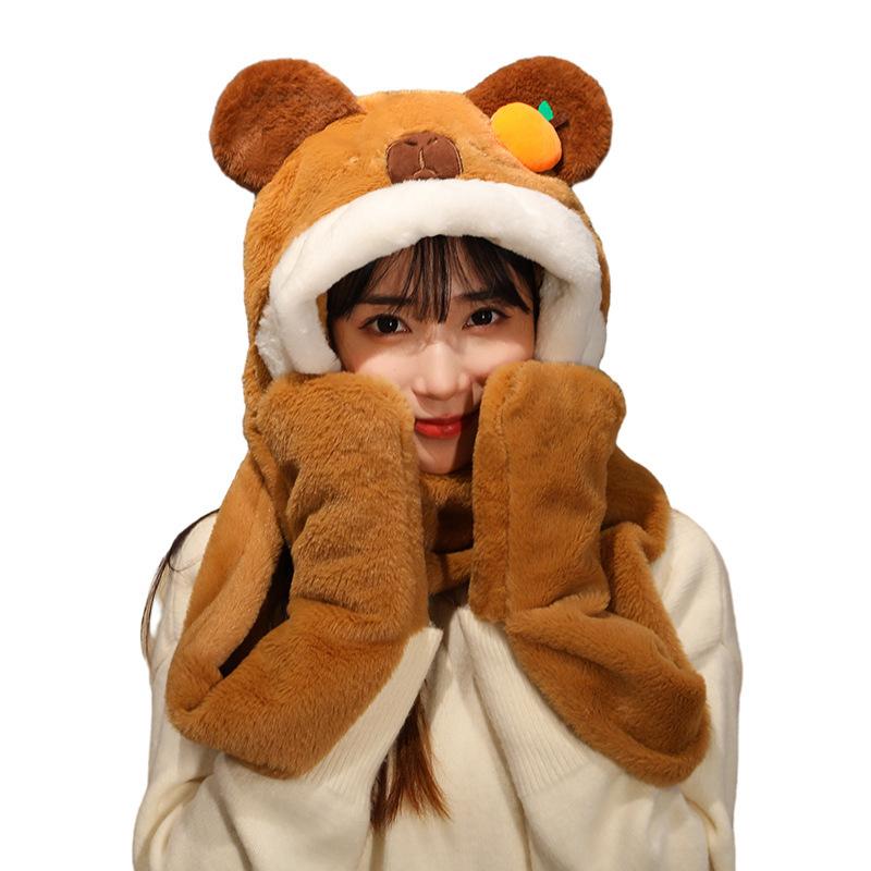 Cute Capybara Hat, Scarf and Gloves Three-in-one Capibala Guinea Pig Autumn and Winter Warm One-piece Three-piece Set