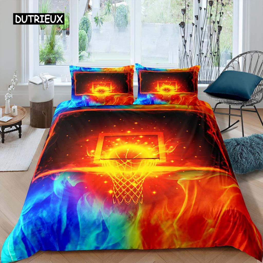 Basketball-Bettbezug-Set, Schwarz, 3D-Bettwäscheset mit Ballsport-Motiv, Mikrofaser, Basketballplatz, Wettkampfspiele, King-Size-Bettbezug