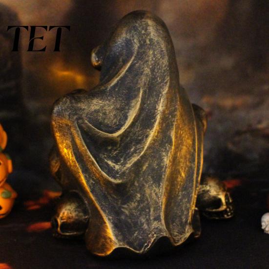 Spooky LED Ornament for Halloween Party Wizard Ghost Night Light with Embossed Skull Base, Resin Glowing Figurine, Environmentally Friendly