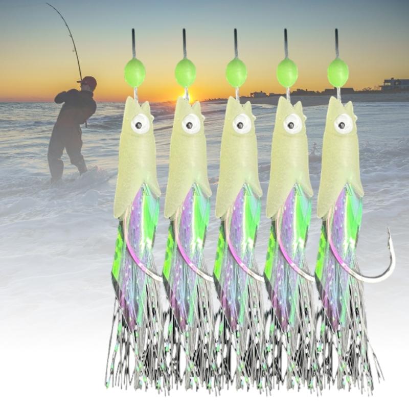 5Pcs Glows Fishhooks Fishing Hook for Salt/Freshwater, Luminous Fishing Rig Fishing Lures Baits Rig Fish Skin Sea Rig