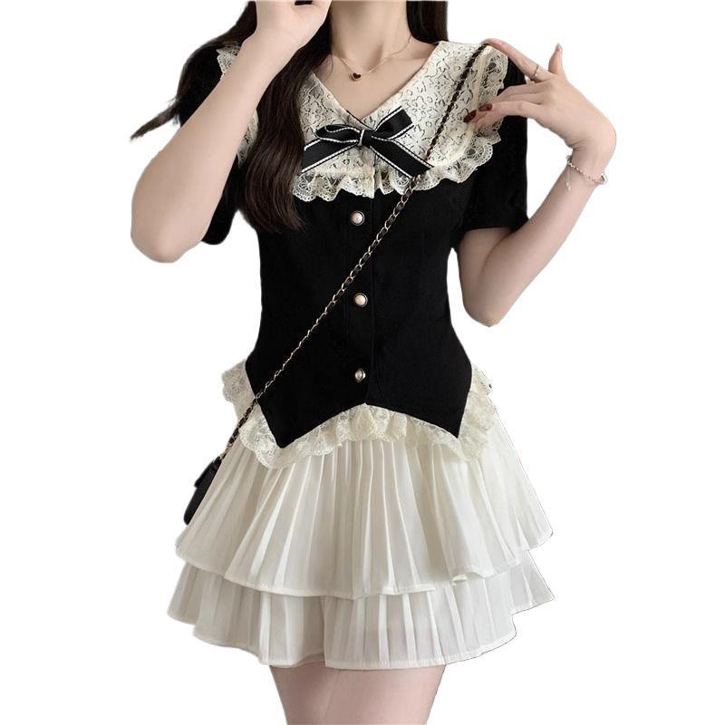Ensemble Top à Col Doll en Dentelle et Jupe Superposée pour Filles Petites - Académie d'Été