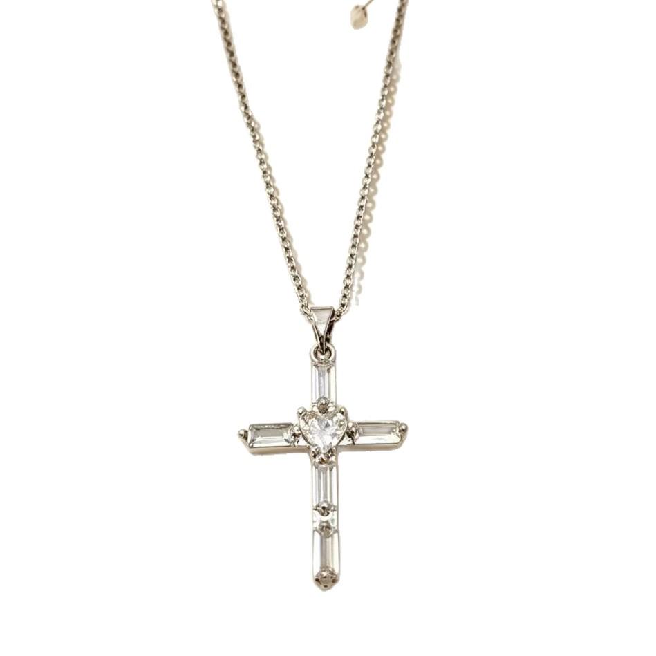 Colorful Zircon Cross Pendant Necklace for Women - Niche Design with Full Diamond, Stainless Steel Clavicle Chain