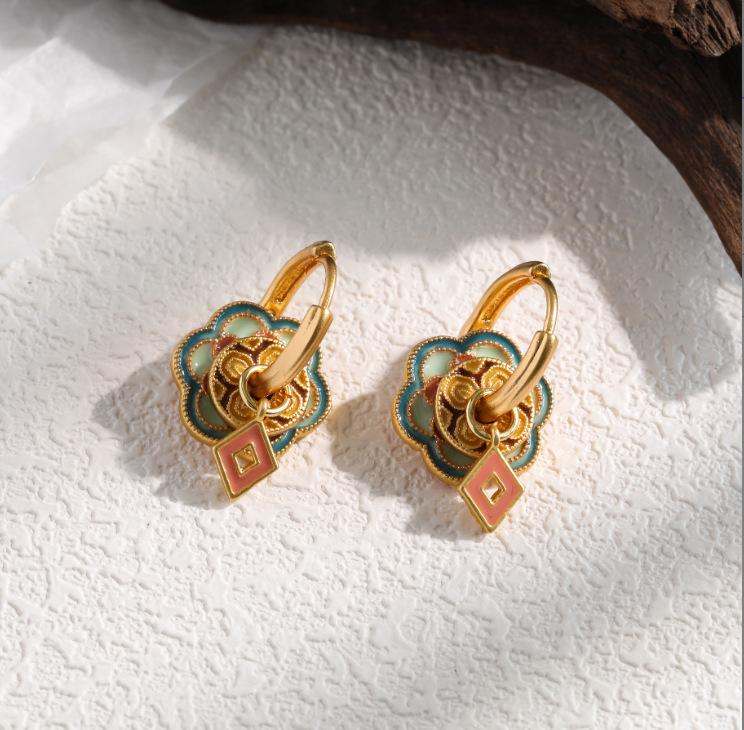 Retro color enamel new Chinese earrings drip glaze circle ethnic style niche light luxury high-end ear jewelry
