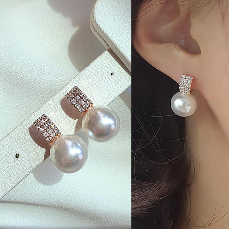 Women's Bold 12mm Pearl Cubic Bridal Earrings