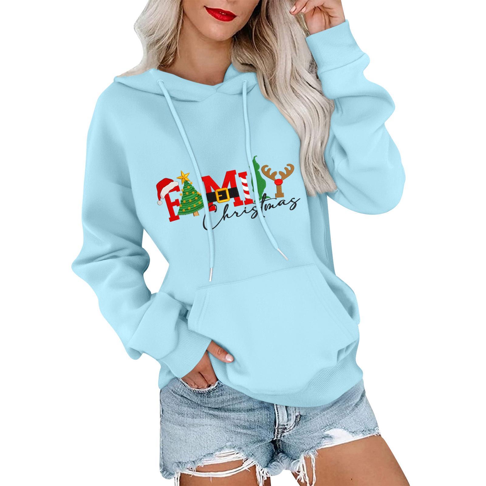 

Женский модный, расслабленный и удобный свитер с круглым вырезом и капюшоном, с длинными рукавами и рождественским принтом, теплый свитер L