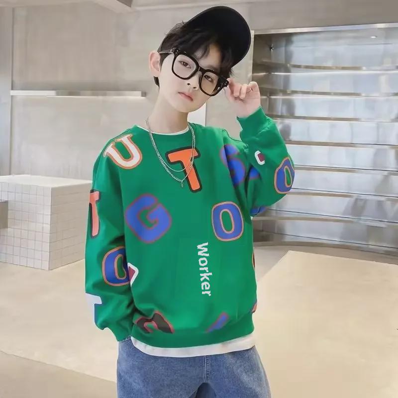 Boys 2023 Autumn Full-Print Pullover Sweatshirt, Casual Big Boy Spring & Fall Style