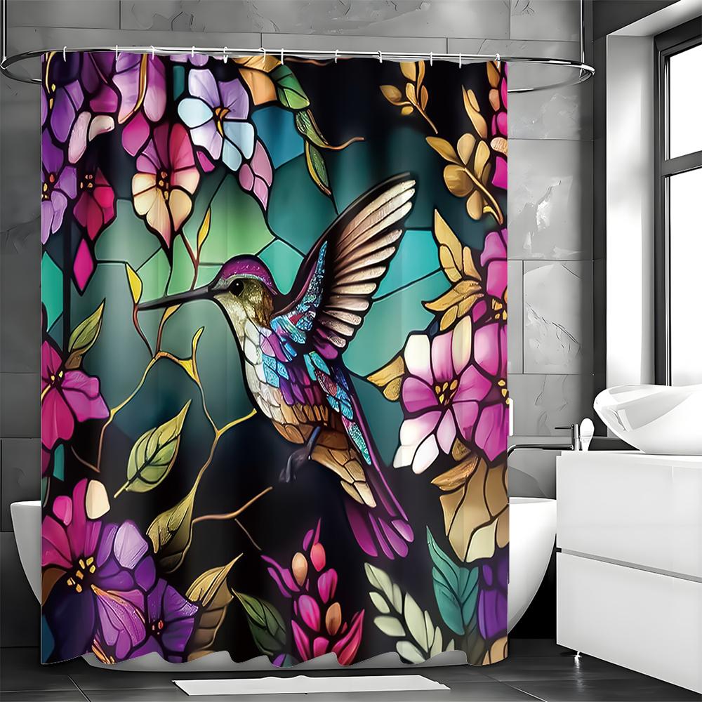 Hummingbird floral shower curtain, bathroom decorative shower curtain, waterproof shower curtain with hooks