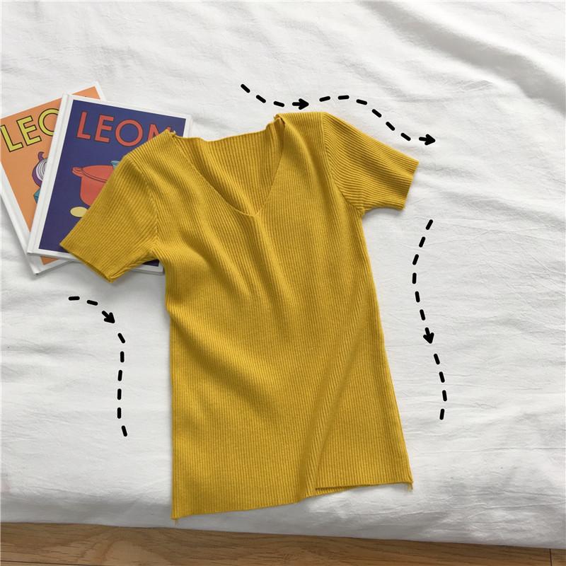 Sommer Slim Dünnes V-Ausschnitt Unterhemd Retro Kurzarm T-Shirt Hundert Gestrickte Pullover Tops Damen Linie Kleidung Lässige Slim Fit Pullover T-Shirts