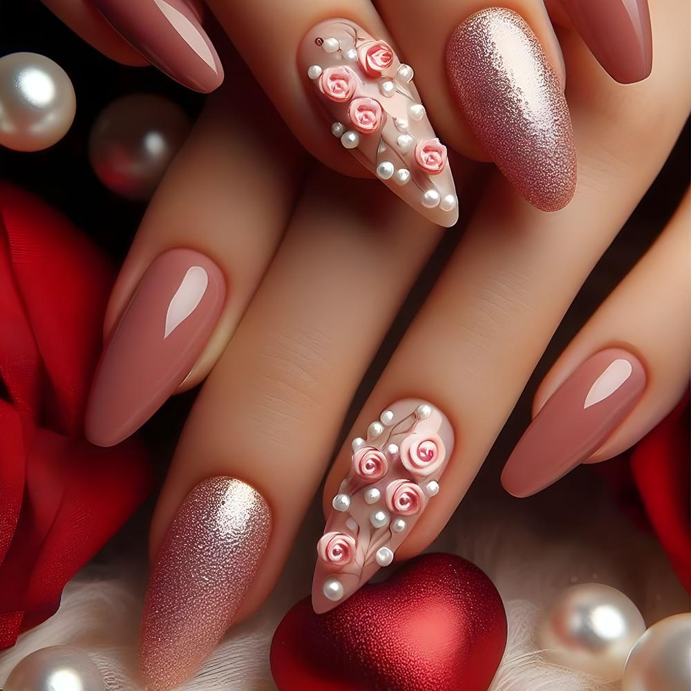 24 Pièces Faux Ongles French Amande Pression Milieu Longueur Bord Rouge Avec Strass Réutilisables Couverture Complète Embouts Faux Ongles