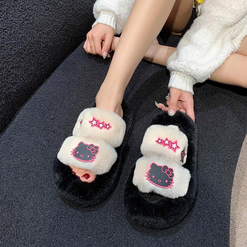 Internet Celebrities One Word Warm Thick Bottom Heightening Fluffy Slippers Women Wear 2025 New Autumn and Winter Super Fire Non-slip Cotton Slippers