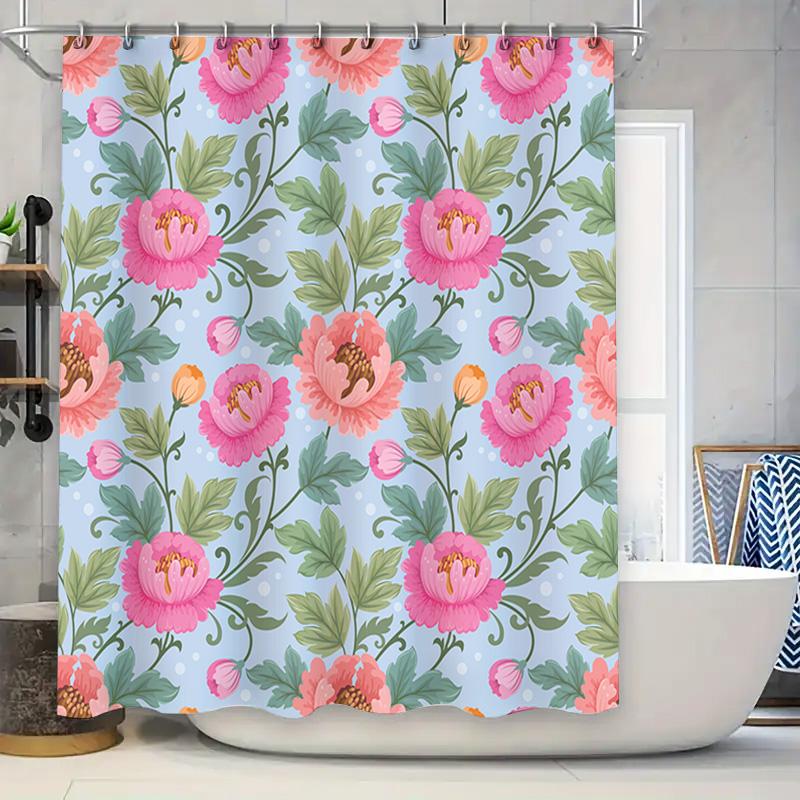 

Decorative Floral Print Shower Curtain Set For Bathroom Decor Pink Green Peonies On Light Blue Background With Grommet Topper Pe W60H190(CM)-1 Pcs