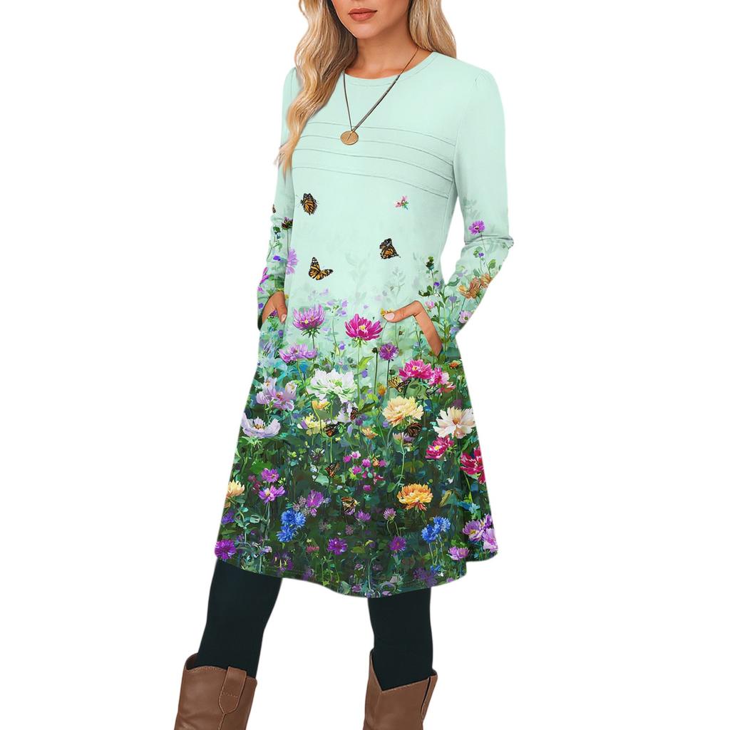 Women's Long Sleeve Dress Fall Casual T Shirt Loose Fit Pleated Front Dresses With Pockets