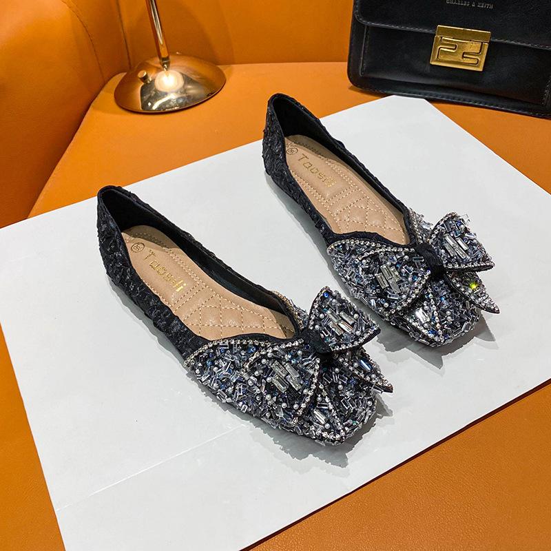 Grandma Shoes Women's Autumn 2025 Flat Bottom Ladyshoes Rhinestone Bow Large Size Women's Shoes 41-43 Square Head Beanie Shoes Flat Heel