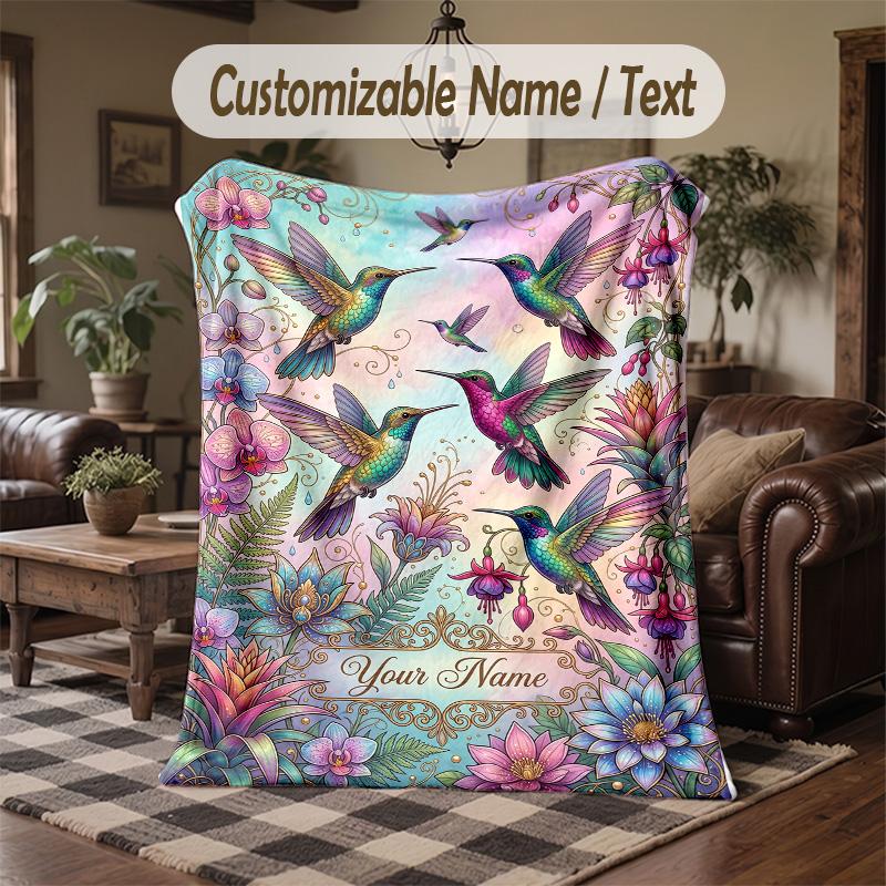 Hummingbirds Flowers Theme Throw Blanket Custom Name Text Personalized Blanket Soft Cozy Blanket for Home Sofa Bed