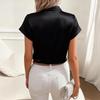 Women’s Satin Short Sleeve Blouse with Bow Tie Neck Round Neckline Elegant Loose Fit Top for Office and Casual Wear