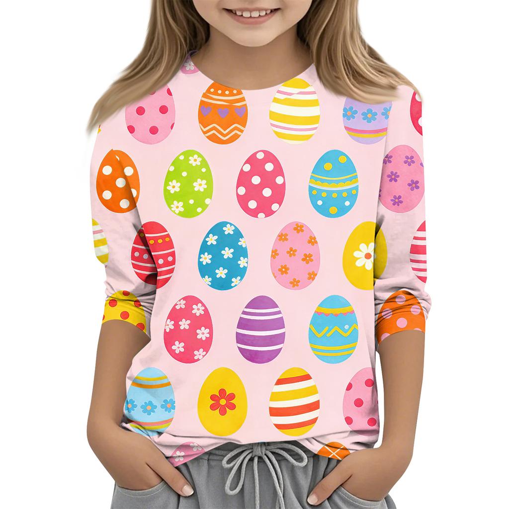 Children's Seven Quarter Sleeve Easter Print Round Neck Print Casual Top