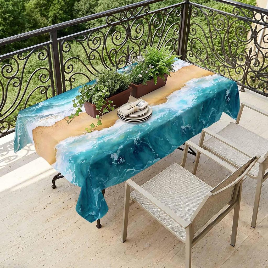 Nautical Ocean Sea Wave Waterproof Table Cloth for Table Decor Reusable Kitchen Dining Tablecloth Holiday Party Decorations