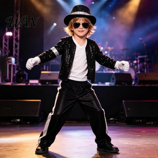 Children Stage Outfit Kids 80s 90s Performance Costume, Black Sequin Jacket, Top, Trousers, Hat, Metallic Striped Trousers Child Glasses, Gloves,