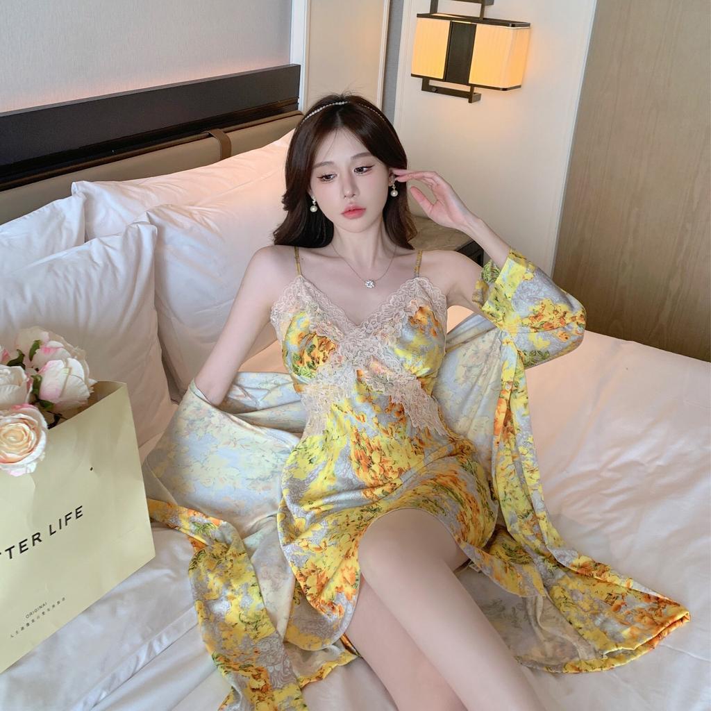 Summer new loungewear pajamas set sexy floral gold robe breathable with chest pad splicing fashionable
