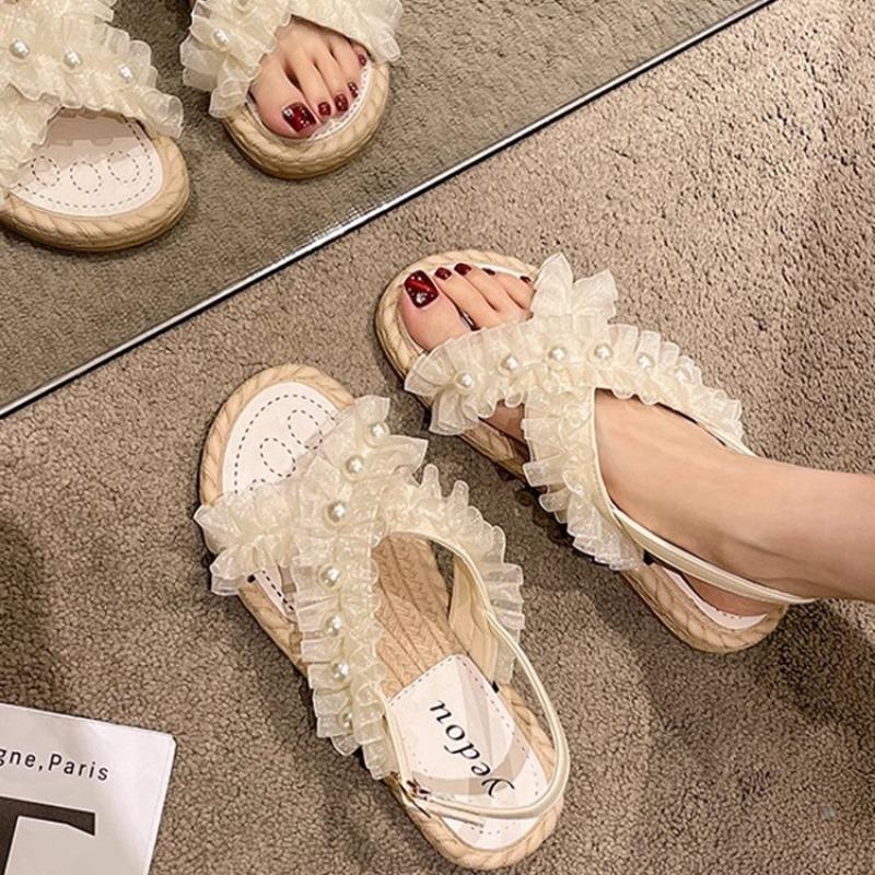Fashion Roman Flat Sandals Summer Outside Wear Shoes for Women Leisure Lace Soft Bottom Beach Sandales Black Beige Sandalias Femininos