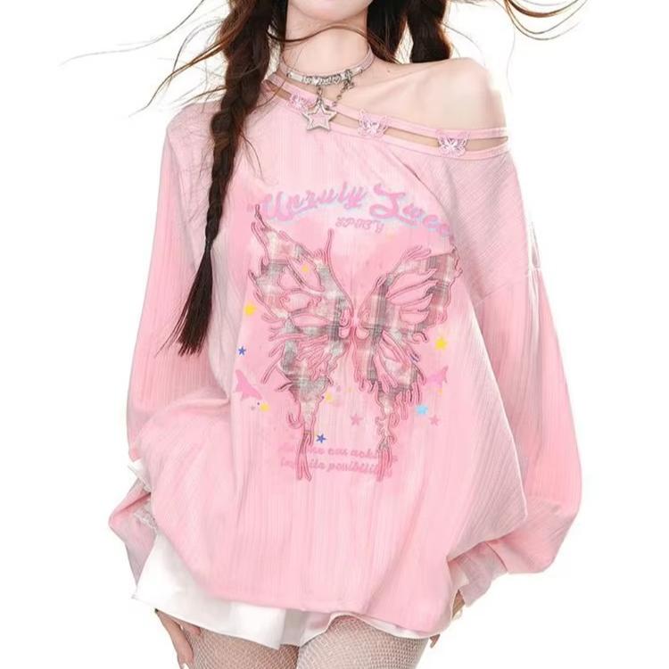 Streetwear Bufferfly T Shirt Women Loose Hollow Out Long Sleeve Vintage Tees American Sweet Casual Oversize Letter New Tops