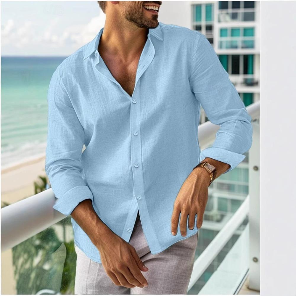 Men's Summer Shirt Button-down Shirt Long-sleeved Plain-coloured Collared Shirt Spring/Summer Casual Everyday Wear