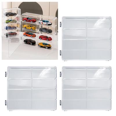 Miniature Car Display Case with Front Door, Stackable, Small Item Storage, 8 Compartments, Set of 4