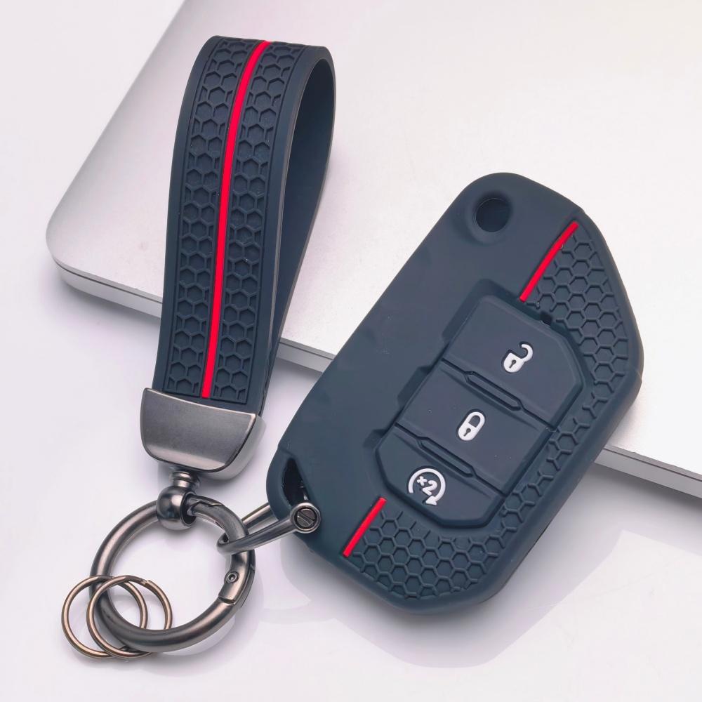 Silicone Key Fob Cover with Matching Keychain Compatible with Jeep Wrangler JL Gladiator JT 2018 2019 2020 2021 2022 2023 3 Button Smart Remote Key