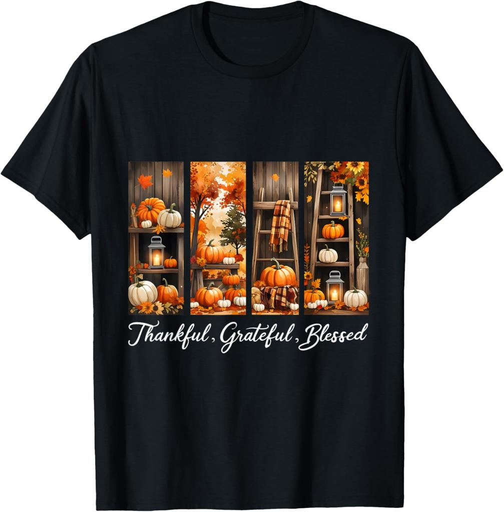 Fall Pumpkin Vintage Thankful Grateful Blessed Floral Tshirt 100 Cotton Trendy Y2k Shortsleeve Tee Soft Quickdrying
