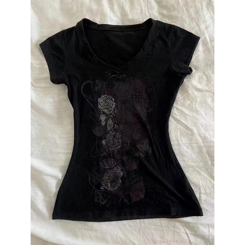 Americké Vintage Tričko Dvě Falešné Části Dámské Streetwear Hip Hop Gotické Harajuku Grunge Y2k Crop Top Černé Lebky Punková Trička