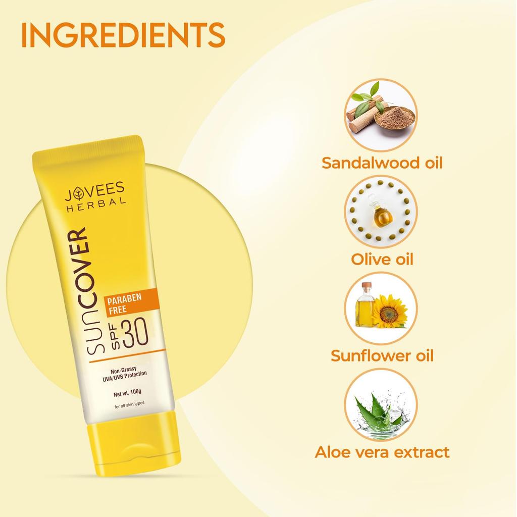 Jovees Herbal Sandalwood Natural Sun Cover SPF 30 Lightweight Oil Free Sunscreen For All Skin Types 100g