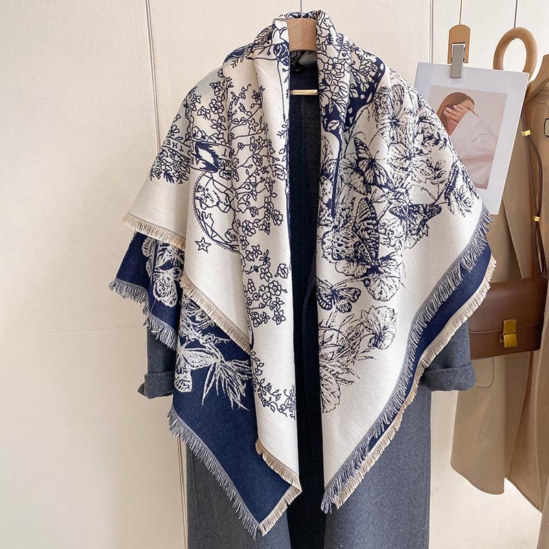 Retro Printed Butterfly Large Square Scarf Scarf Women'S High-End Gift Fashionable Versatile Outer Decoration Shawl Autumn