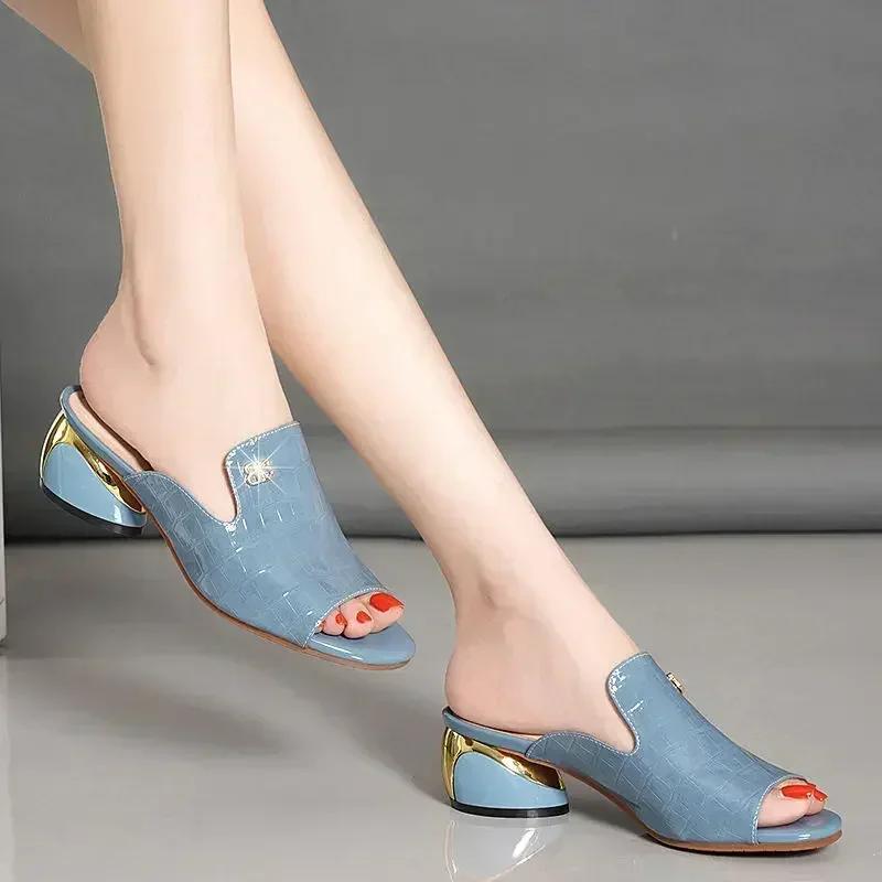 Fashion Women Slippers Rhinestone Low Heels Sandals Shoes Comfort Lady Open-Toe All-Match Female Slides 2024 New Summer Outdoor Leisure