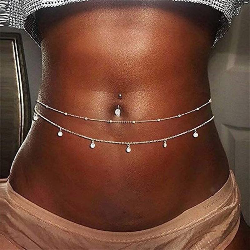 Sexy Fashion Tassel Rhinestone Belly Chains For Women Double Layer Metal Beach Vacation Belly Link Chains Waist Body Jewelry