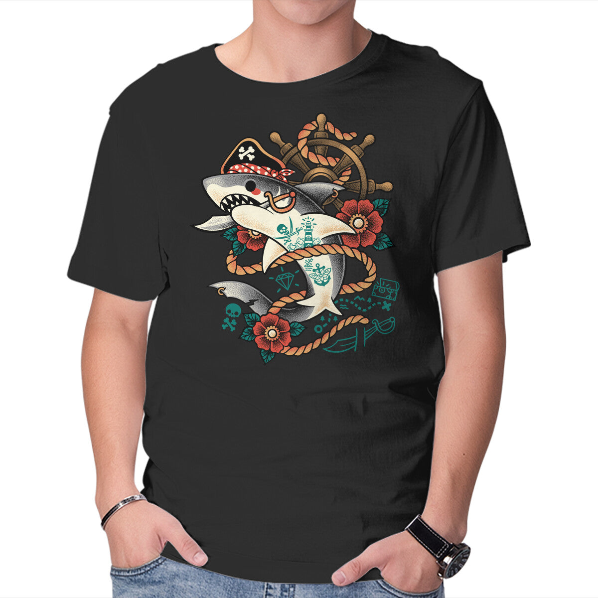 Unisex Crew Neck T-Shirt Pirate Shark Tattoo Graphic Short Sleeve Casual Tee XXXXL