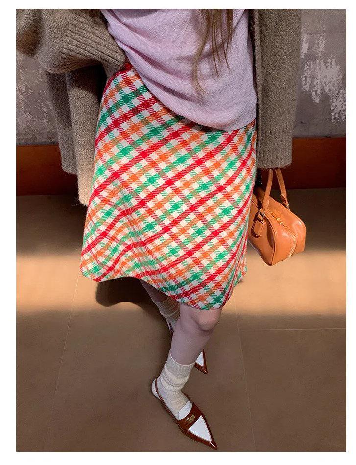 

2026 New Arrival Rainbow Plaid High Waist A-Line Skirt for Women S [For 85-98 jin]