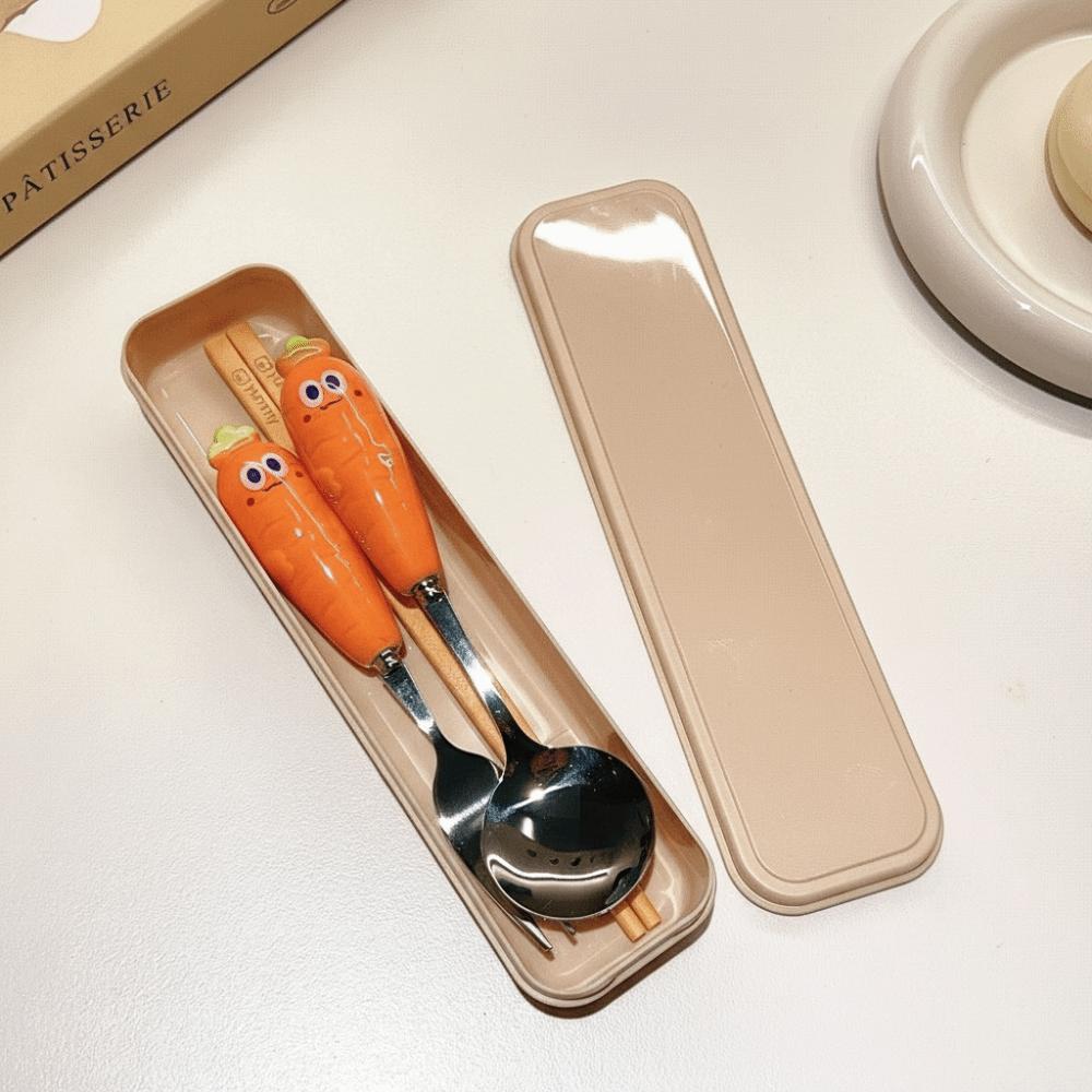 

Durable Stainless Steel Spoon Fork Chopsticks Set Cartoon Ceramic Handle Kids Tableware with Storage Box Carrot Spoon Fork Gift