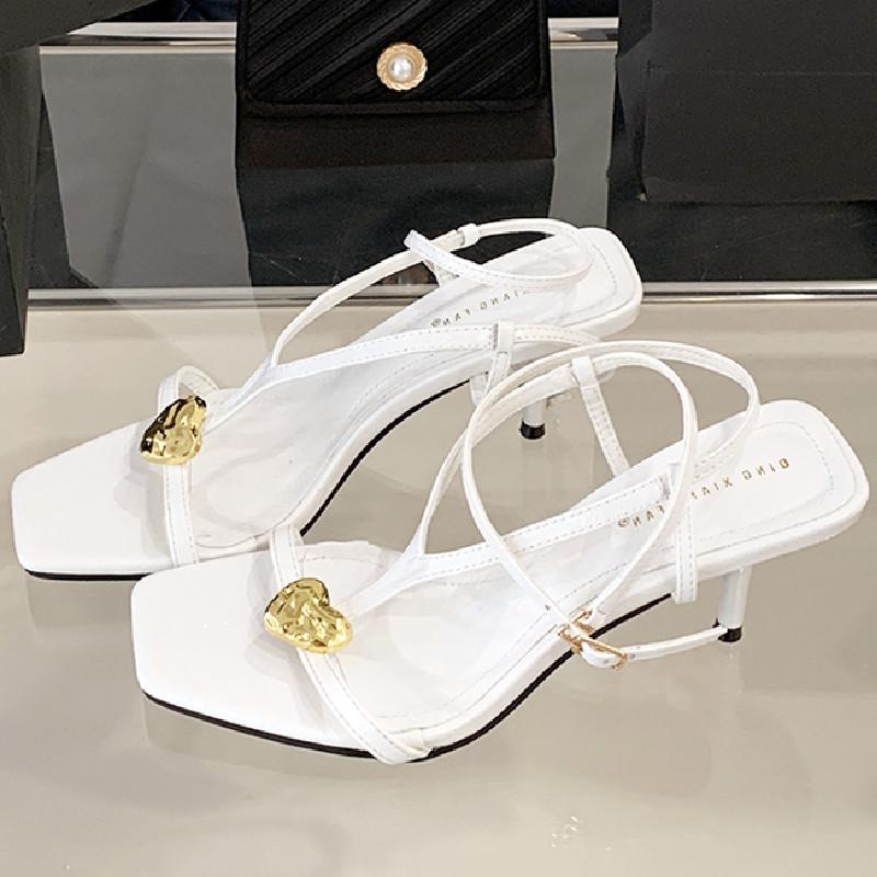 Fashion Fashion Metal Heart Decoration Women Sandal Pointed Toe Open Toe Ankle Strap Roman Shoe Elegant Thin Heel Belt  Buckle High Heel