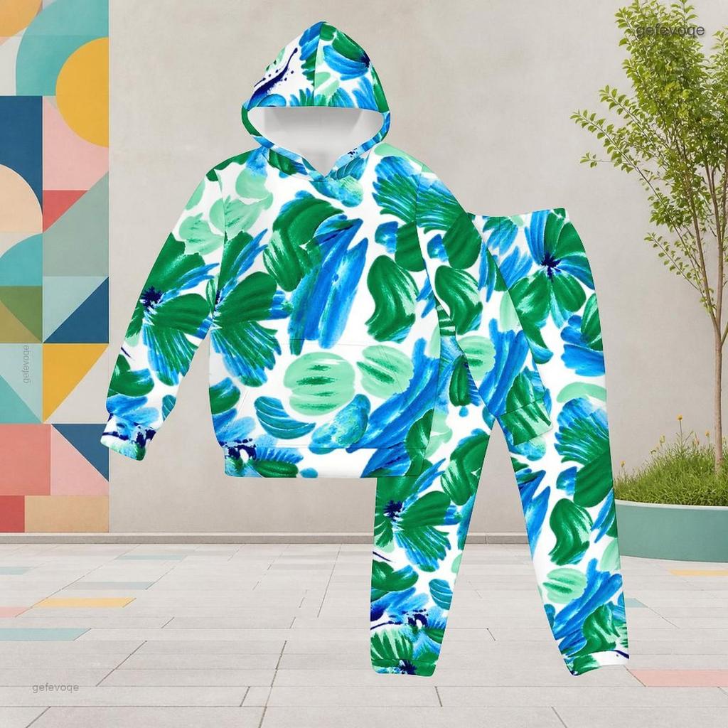Girls Tropical Leaf Printed Hooded Long Sleeve Kangaroo Pocket Top Cuffed Pants Two Piece Set