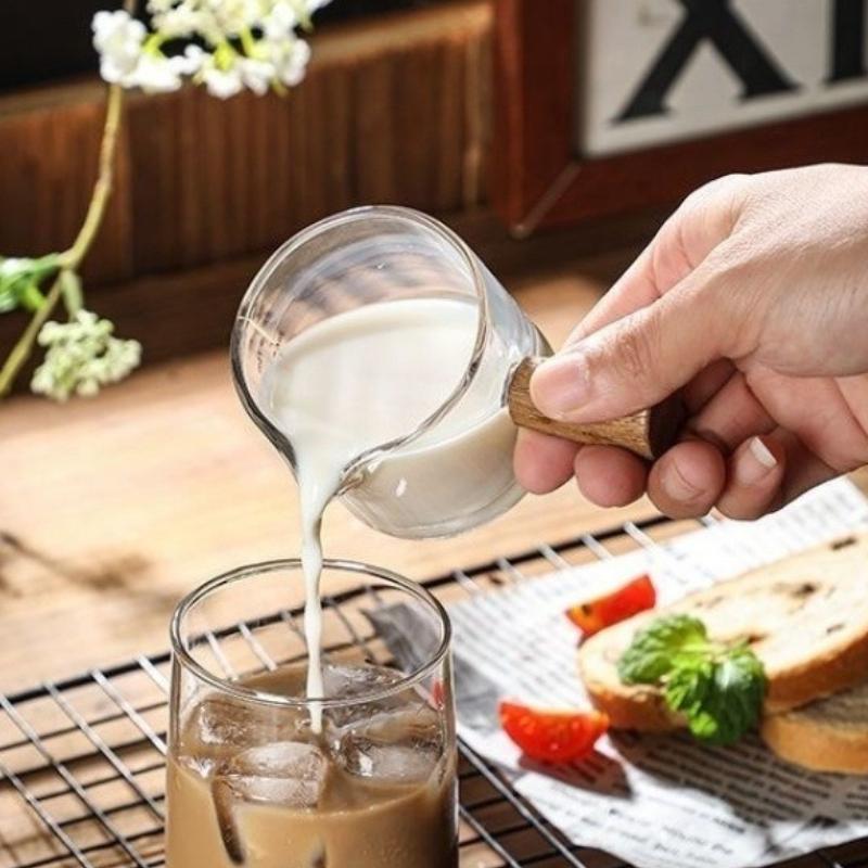 1ks Skleněná odměrka Dřevěná rukojeť Skleněná odměrka na espresso Dvojitý Jednoduchý výtok Hrnek na mléčnou kávu Průhledný Kávové potřeby