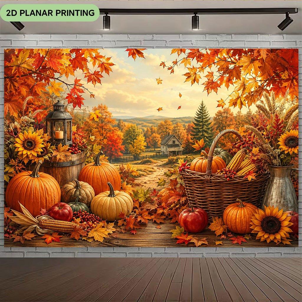 1 piece of 2D flat banner, "Autumn Harvest Scene", polyester fabric background cloth, creating a joyful atmosphere
