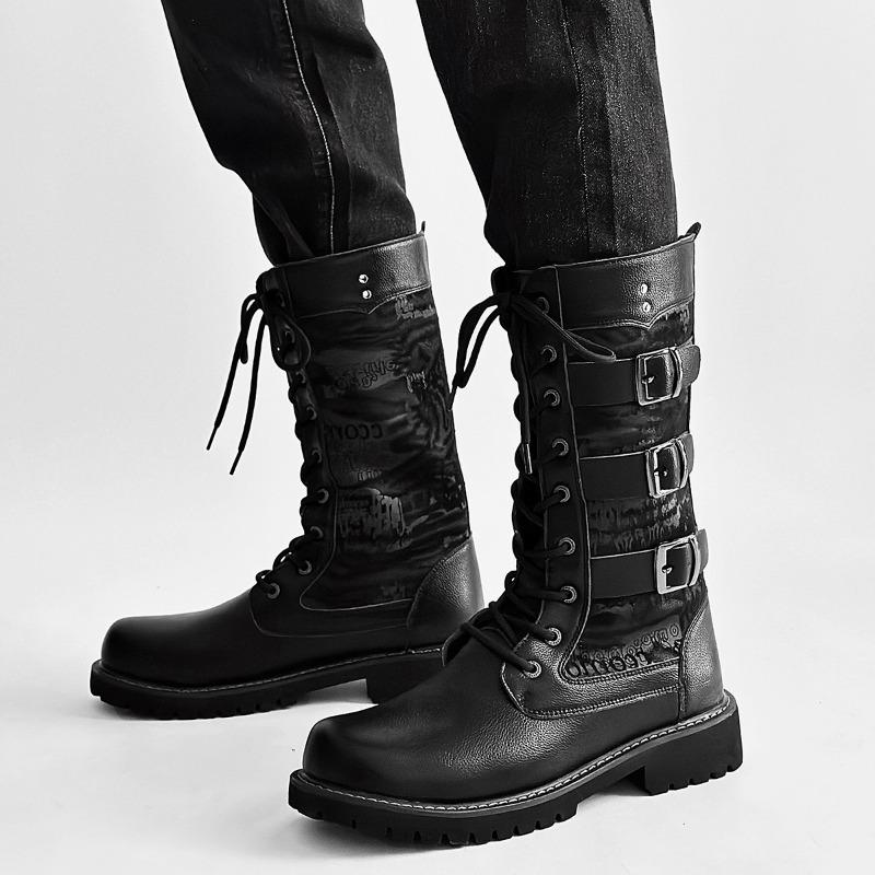 Herren High-Top Stiefel Mode Street Rock Punk Stiefel Motorradstiefel für Herren Schnürstiefel mit Plateau Mid-Calf Lässige Lederstiefel