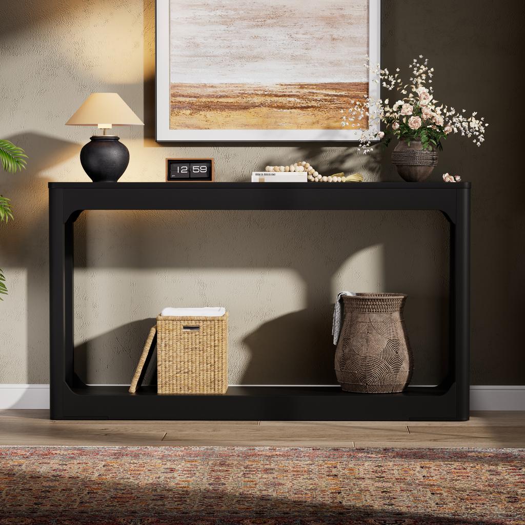 140cm Long, Curved Side Table with Storage, a Two-Tier Storage Table for Behind the Sofa, the Entrance Area, the Hallway and the Foyer. Black