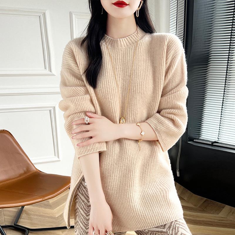 Women's Mid-Length Cashmere Sweater - Pleated Slit, Round Neck Knitwear for Autumn/Winter