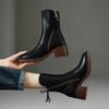 Coarse Brown Short Boots for Women British Style Side Zipper High Heels Polished Retro Round Toe Boots for Women