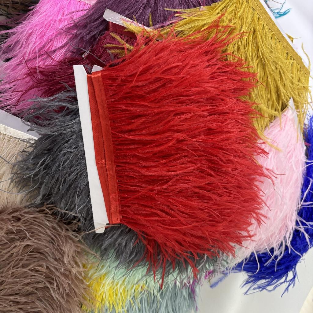 1Meter Red Ostrich Feathers Trim on Tape Ribbon Fringe 8-10cm Fabric Skirt Sewing Trimmings Feather Dress Clothes Decoration
