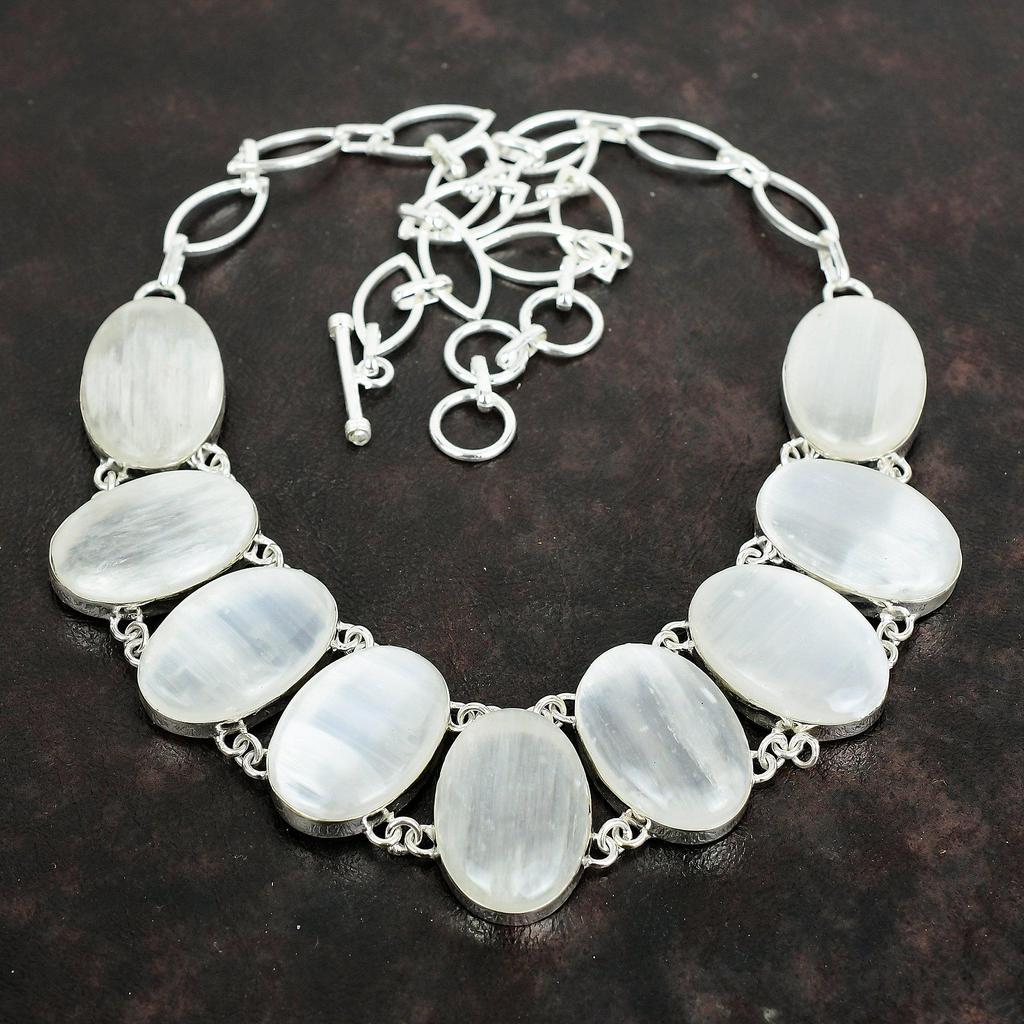 Selenitový náhrdelník drahokam ručně vyrobený náhrdelník náhrdelník ze sterlingového stříbra 925 nastavitelný řetízek náhrdelník dárky pro manželku krásné stříbrné šperky